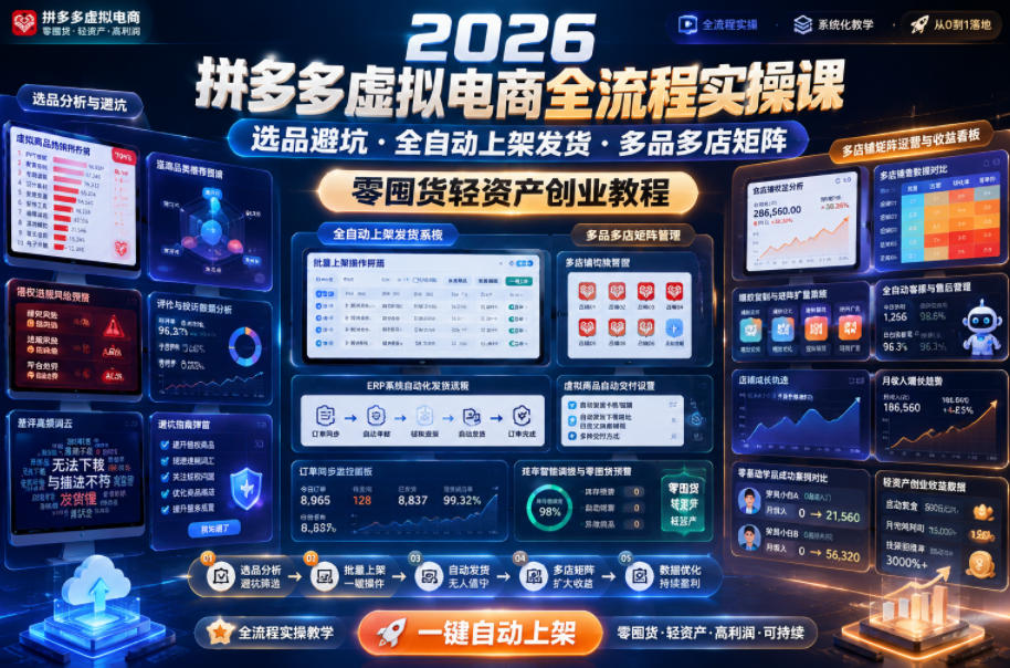 2026拼多多虚拟电商全流程实操课，选品避坑・全自动上架发货・多品多店矩阵，零囤货轻资产创业教程网络赚钱,项目资源网,副业资源网,兼职项目,网赚课程-副业赚钱-互联网创业-独家轻创IP大圣网创