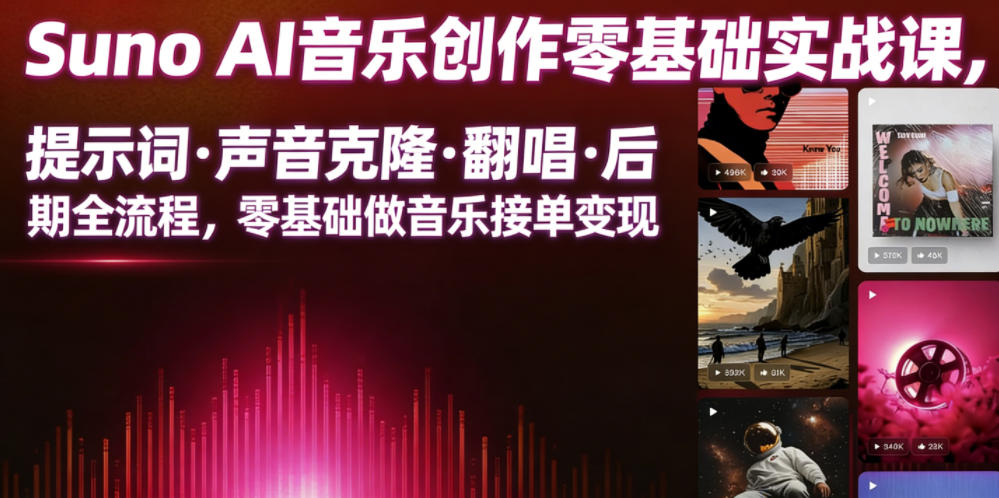 Suno AI音乐创作实战课,提示词・声音克隆・翻唱・后期全流程,零基础做音乐接单变现网络赚钱,项目资源网,副业资源网,兼职项目,网赚课程-副业赚钱-互联网创业-独家轻创IP大圣网创