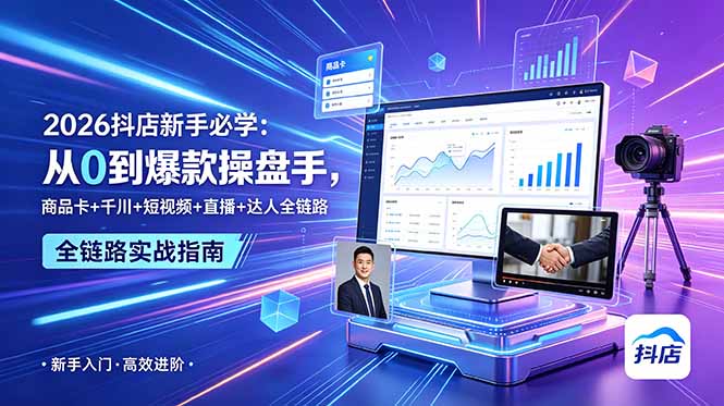 2026抖店新手必学：从0到爆款操盘手，商品卡+千川+短视频+直播+达人全链路网络赚钱,项目资源网,副业资源网,兼职项目,网赚课程-副业赚钱-互联网创业-独家轻创IP大圣网创