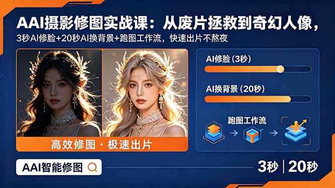 AI摄影修图实战课:从废片拯救 到 奇幻人像,3秒AI修脸+20秒AI换背景+跑图工作流,快速出片不熬夜网络赚钱,项目资源网,副业资源网,兼职项目,网赚课程-副业赚钱-互联网创业-独家轻创IP大圣网创