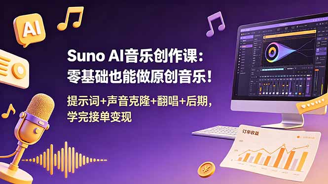 Suno AI音乐创作课:零基础也能做原创音乐!提示词+声音克隆+翻唱+后期,学完接单变现网络赚钱,项目资源网,副业资源网,兼职项目,网赚课程-副业赚钱-互联网创业-独家轻创IP大圣网创