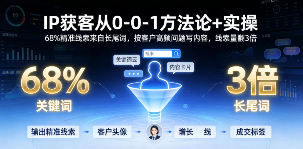IP获客从0-1方法论+实操，68%精准线索来自长尾词，按客户高频问题写内容，线索量翻3倍网络赚钱,项目资源网,副业资源网,兼职项目,网赚课程-副业赚钱-互联网创业-独家轻创IP大圣网创