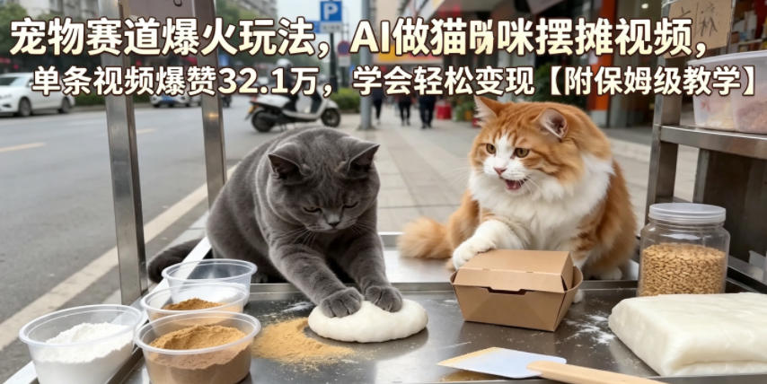 宠物赛道爆火玩法，AI做猫咪摆摊视频，单条视频爆赞32.1万，学会轻松变现【附保姆级教学】网络赚钱,项目资源网,副业资源网,兼职项目,网赚课程-副业赚钱-互联网创业-独家轻创IP大圣网创