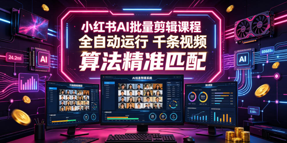 小红书AI批量剪辑课程，24小时全自动运行，解放双手专注运营，千条视频批量处理，小红书算法精准匹配网络赚钱,项目资源网,副业资源网,兼职项目,网赚课程-副业赚钱-互联网创业-独家轻创IP大圣网创