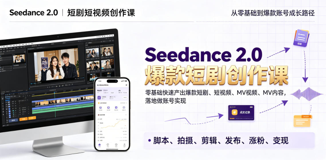 Seedance 2.0短剧短视频创作课，零基础快速产出爆款短剧、短视频、MV内容，落地做账号实现变现网络赚钱,项目资源网,副业资源网,兼职项目,网赚课程-副业赚钱-互联网创业-独家轻创IP大圣网创