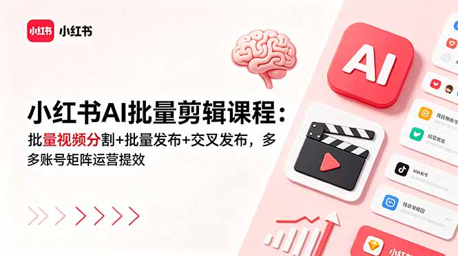 小红书AI批量剪辑课程:批量视频分割+批量发布+交叉发布,多账号矩阵运营提效网络赚钱,项目资源网,副业资源网,兼职项目,网赚课程-副业赚钱-互联网创业-独家轻创IP大圣网创