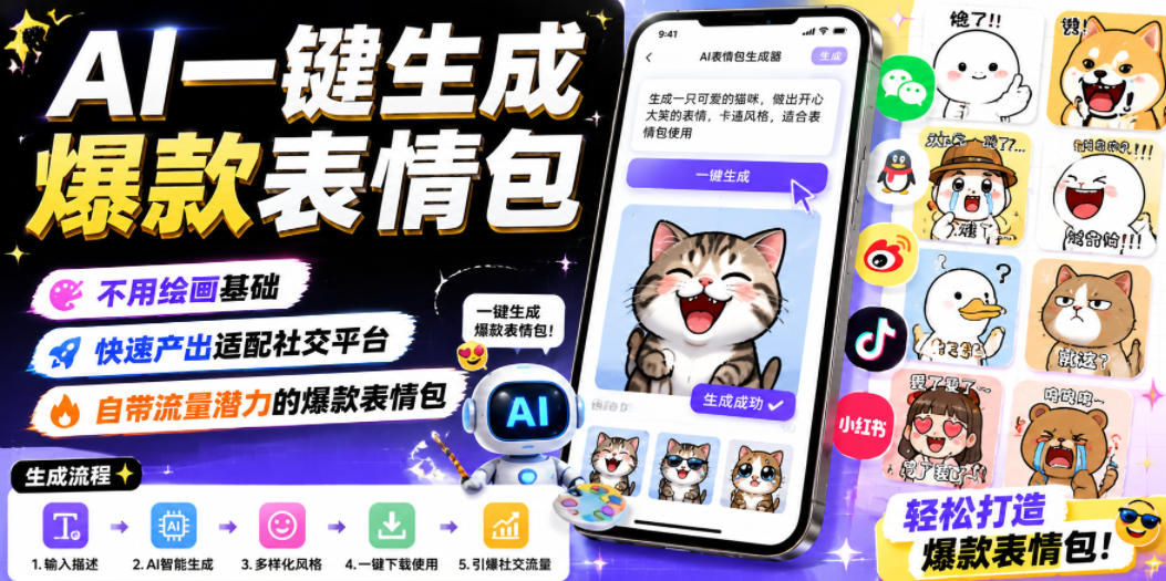 AI一键生成爆款表情包,不用绘画基础,快速产出适配社交平台,自带流量潜力的爆款表情包网络赚钱,项目资源网,副业资源网,兼职项目,网赚课程-副业赚钱-互联网创业-独家轻创IP大圣网创