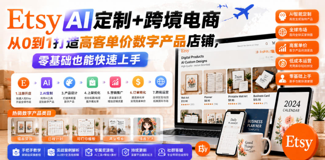 Etsy AI定制+跨境电商,从0到1打造高客单价数字产品店铺,零基础也能快速上手网络赚钱,项目资源网,副业资源网,兼职项目,网赚课程-副业赚钱-互联网创业-独家轻创IP大圣网创