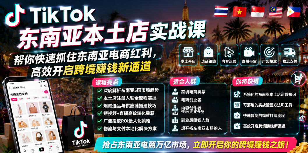 TikTok东南亚本土店实战课，帮你快速抓住东南亚电商红利，高效开启跨境賺钱新通道网络赚钱,项目资源网,副业资源网,兼职项目,网赚课程-副业赚钱-互联网创业-独家轻创IP大圣网创