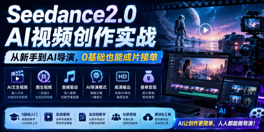 Seedance2.0 AI视频创作实战,从新手到AI导演,0基础也能成片接单变现网络赚钱,项目资源网,副业资源网,兼职项目,网赚课程-副业赚钱-互联网创业-独家轻创IP大圣网创