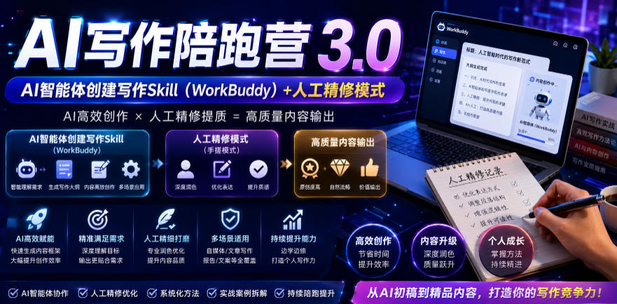 AI写作陪跑营3.0,Ai智能体创建写作skill(workbuddy)+人工手写模式(手搓模式),去除AI痕迹(头条号、公众号、百家号)网络赚钱,项目资源网,副业资源网,兼职项目,网赚课程-副业赚钱-互联网创业-独家轻创IP大圣网创