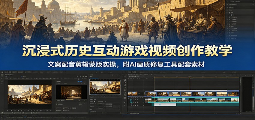 沉浸式历史互动游戏视频创作教学:文案配音剪辑蒙版实操,附AI画质修复工具配套素材网络赚钱,项目资源网,副业资源网,兼职项目,网赚课程-副业赚钱-互联网创业-独家轻创IP大圣网创
