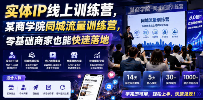 实体IP线上训练营,某商学院同城流量训练营,零基础商家也能快速落地网络赚钱,项目资源网,副业资源网,兼职项目,网赚课程-副业赚钱-互联网创业-独家轻创IP大圣网创
