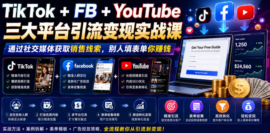 TikTok+FB+YouTube三大平台引流变现实战课，通过社交媒体获取销售线索，别人填表单你賺钱【原创双语字幕】网络赚钱,项目资源网,副业资源网,兼职项目,网赚课程-副业赚钱-互联网创业-独家轻创IP大圣网创