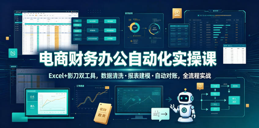 电商财务办公自动化实操课,Excel+影刀双工具,数据清洗・报表建模・自动对账,全流程实战网络赚钱,项目资源网,副业资源网,兼职项目,网赚课程-副业赚钱-互联网创业-独家轻创IP大圣网创