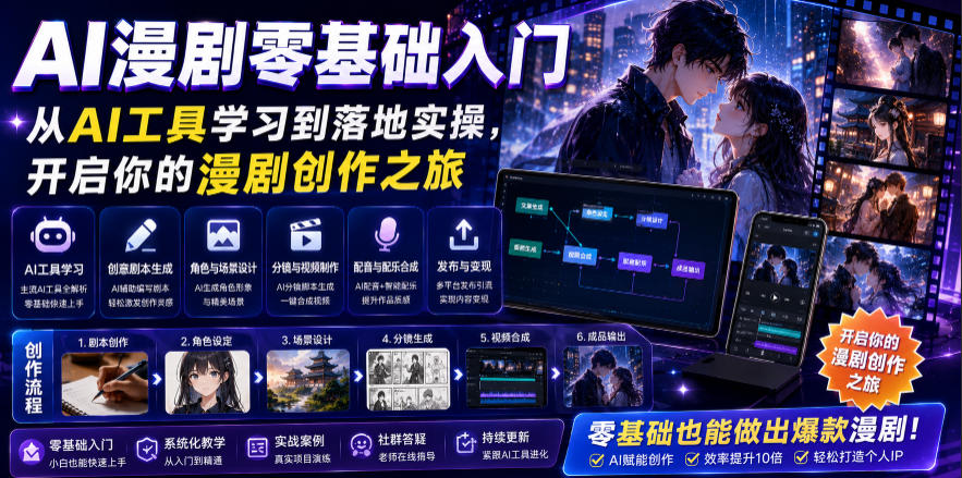 AI漫剧零基础入门,从AI工具学习到落地实操,开启你的漫剧创作之旅网络赚钱,项目资源网,副业资源网,兼职项目,网赚课程-副业赚钱-互联网创业-独家轻创IP大圣网创