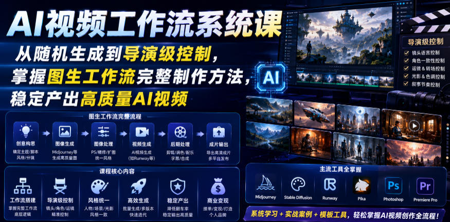 AI视频工作流系统课,从随机生成到导演级控制,掌握图生工作流完整制作方法,稳定产出高质量AI视频网络赚钱,项目资源网,副业资源网,兼职项目,网赚课程-副业赚钱-互联网创业-独家轻创IP大圣网创