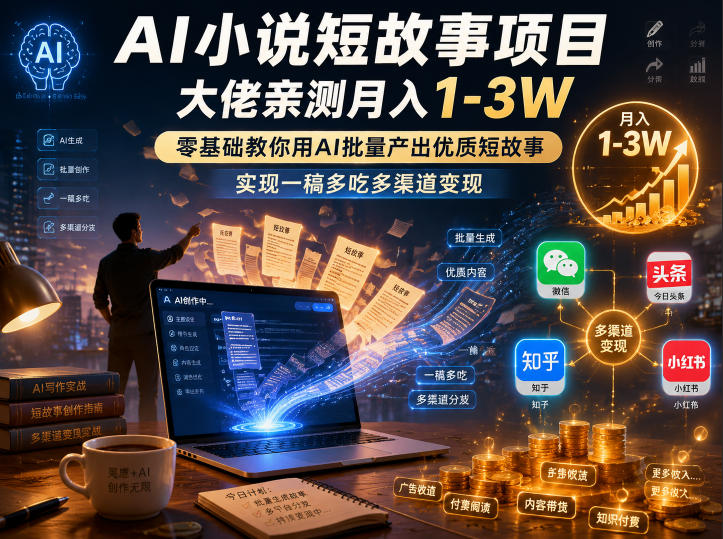 AI小说短故事项目,大佬亲测月入1-3W,零基础教你用AI批量产出优质短故事,实现一稿多吃多渠道变现(更新0624)网络赚钱,项目资源网,副业资源网,兼职项目,网赚课程-副业赚钱-互联网创业-独家轻创IP大圣网创