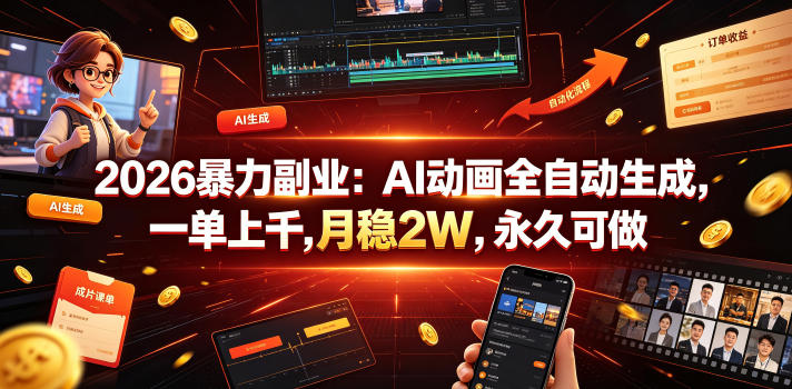 2026暴力副业：AI动画全自动生成，一单上千，月稳2W，永久可做【揭秘】网络赚钱,项目资源网,副业资源网,兼职项目,网赚课程-副业赚钱-互联网创业-独家轻创IP大圣网创