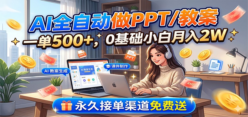 AI全自动做PPT/教案，一单500+，0基础小白月入2W，永久接单渠道免费送网络赚钱,项目资源网,副业资源网,兼职项目,网赚课程-副业赚钱-互联网创业-独家轻创IP大圣网创