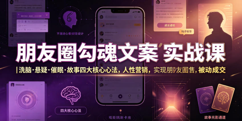 朋友圈勾魂文案实战课｜洗脑·悬疑·催眠·故事四大核心心法，吃透人性营销，实现朋友圈不销而售被动成交网络赚钱,项目资源网,副业资源网,兼职项目,网赚课程-副业赚钱-互联网创业-独家轻创IP大圣网创