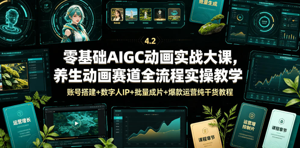 零基础AIGC动画实战大课，养生动画赛道全流程实操教学，账号搭建+数字人IP+批量成片+爆款运营纯干货教程网络赚钱,项目资源网,副业资源网,兼职项目,网赚课程-副业赚钱-互联网创业-独家轻创IP大圣网创