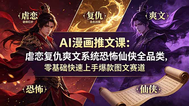 AI漫画推文课：虐恋复仇爽文系统恐怖仙侠全品类，零基础快速上手爆款图文赛道网络赚钱,项目资源网,副业资源网,兼职项目,网赚课程-副业赚钱-互联网创业-独家轻创IP大圣网创