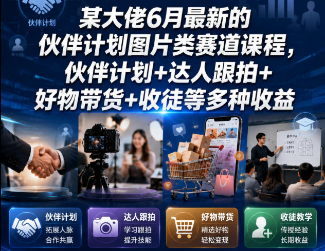 某大佬6月最新的伙伴计划图片类赛道课程，伙伴计划+达人跟拍+好物带货+收徒等多种收益网络赚钱,项目资源网,副业资源网,兼职项目,网赚课程-副业赚钱-互联网创业-独家轻创IP大圣网创