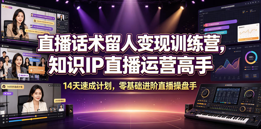 直播话术留人变现训练营，知识IP直播运营高手，14天速成计划，零基础进阶直播操盘手网络赚钱,项目资源网,副业资源网,兼职项目,网赚课程-副业赚钱-互联网创业-独家轻创IP大圣网创