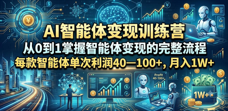 AI智能体变现训练营，从0到1掌握智能体变现的完整流程，每款智能体单次利润40—100+，月入1W+网络赚钱,项目资源网,副业资源网,兼职项目,网赚课程-副业赚钱-互联网创业-独家轻创IP大圣网创