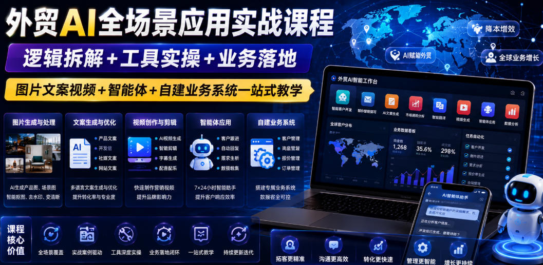 外贸AI全场景应用实战课程｜逻辑拆解+工具实操+业务落地，图片文案视频+智能体+自建业务系统一站式教学网络赚钱,项目资源网,副业资源网,兼职项目,网赚课程-副业赚钱-互联网创业-独家轻创IP大圣网创