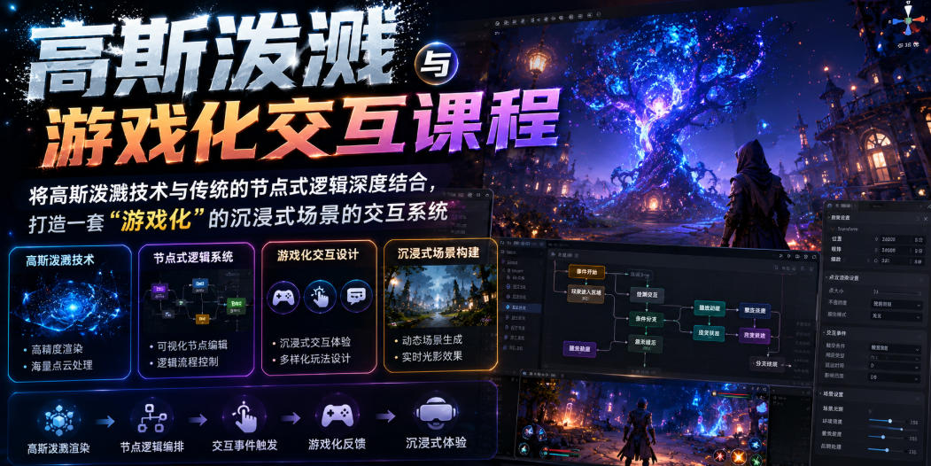 高斯泼溅与游戏化交互课程，将高斯泼溅技术与传统的节点式逻辑深度结合，打造一套“游戏化”的沉浸式场景的交互系统网络赚钱,项目资源网,副业资源网,兼职项目,网赚课程-副业赚钱-互联网创业-独家轻创IP大圣网创