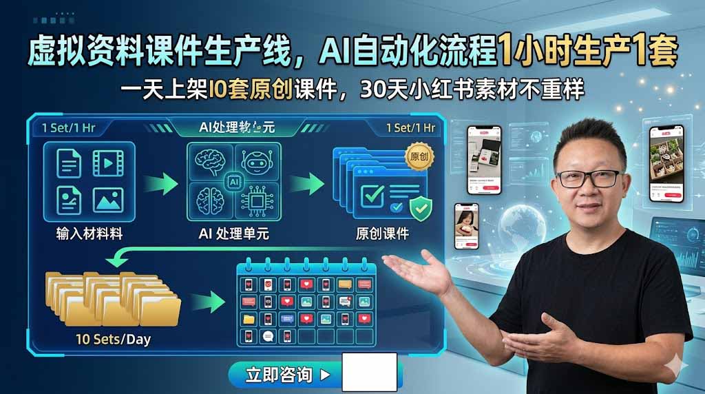 虚拟资料课件生产线，AI自动化流程1小时生产1套，一天上架10套原创课件，30天小红书素材不重样网络赚钱,项目资源网,副业资源网,兼职项目,网赚课程-副业赚钱-互联网创业-独家轻创IP大圣网创