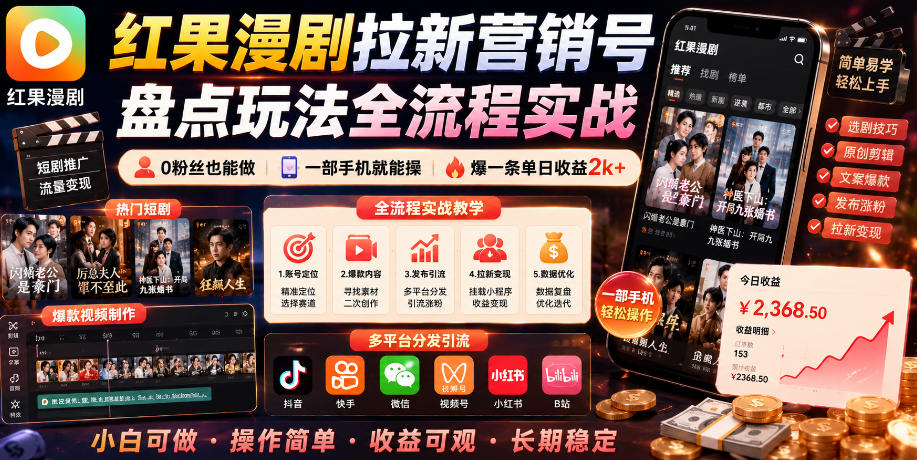 红果漫剧拉新营销号盘点玩法全流程实战，0粉丝也能做，一部手机就能做，爆一条单日收益2k+(更新0628)网络赚钱,项目资源网,副业资源网,兼职项目,网赚课程-副业赚钱-互联网创业-独家轻创IP大圣网创