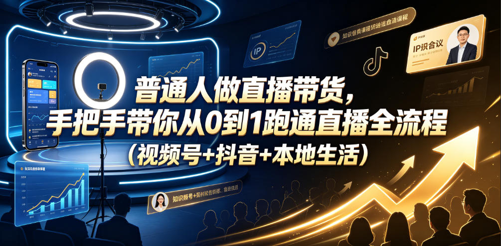普通人做直播带货，手把手带你从0到1跑通直播全流程(视频号+抖音+本地生活)网络赚钱,项目资源网,副业资源网,兼职项目,网赚课程-副业赚钱-互联网创业-独家轻创IP大圣网创