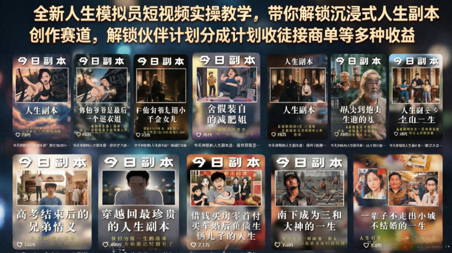 全新人生模拟员短视频实操教学，带你解锁沉浸式人生副本创作赛道，解锁伙伴计划分成计划收徒接商单等多种收益网络赚钱,项目资源网,副业资源网,兼职项目,网赚课程-副业赚钱-互联网创业-独家轻创IP大圣网创