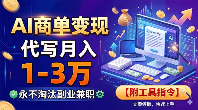 AI商单变现，靠代写月入1-3万，永不淘汰副业兼职【附工具指令】网络赚钱,项目资源网,副业资源网,兼职项目,网赚课程-副业赚钱-互联网创业-独家轻创IP大圣网创