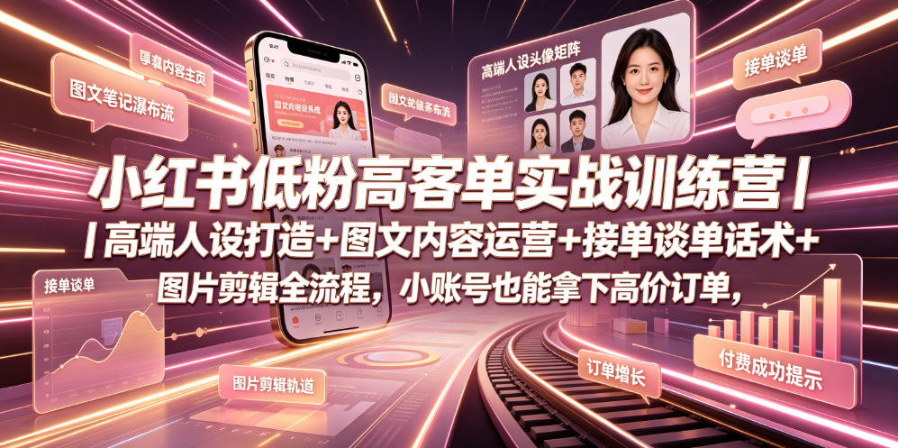 小红书低粉高客单实战训练营｜高端人设打造+图文内容运营+接单谈单话术+图片剪辑全流程，小账号也能拿下高价订单网络赚钱,项目资源网,副业资源网,兼职项目,网赚课程-副业赚钱-互联网创业-独家轻创IP大圣网创