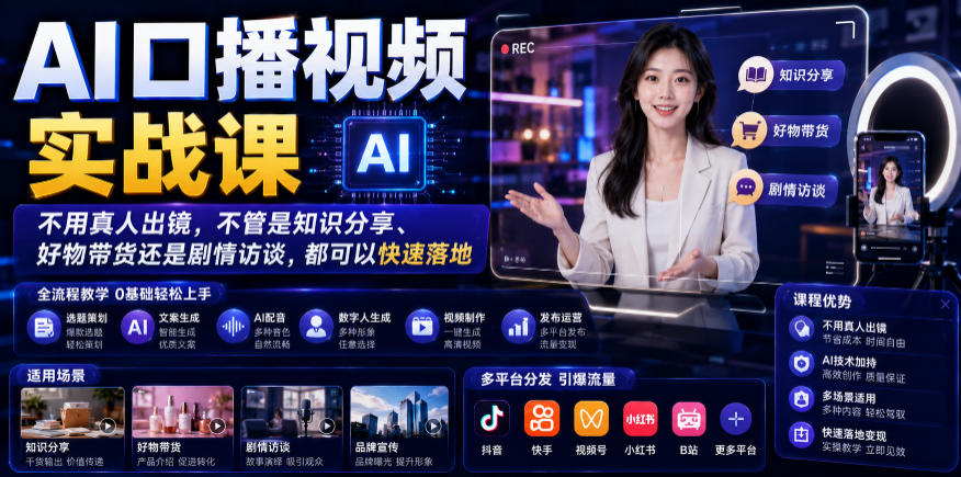 AI口播视频实战课，不用真人出镜，不管是知识分享、好物带货还是剧情访谈，都可以快速落地网络赚钱,项目资源网,副业资源网,兼职项目,网赚课程-副业赚钱-互联网创业-独家轻创IP大圣网创