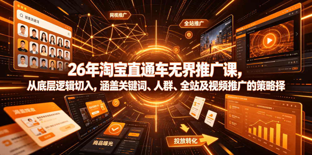 26年淘宝直通车无界推广课，从底层逻辑切入，涵盖关键词、人群、全站及视频推广的策略选择网络赚钱,项目资源网,副业资源网,兼职项目,网赚课程-副业赚钱-互联网创业-独家轻创IP大圣网创