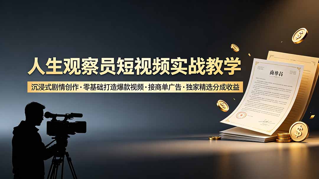 人生观察员短视频实战教学，沉浸式剧情创作，零基础打造爆款视频，接商单广告，独家精选分成收益网络赚钱,项目资源网,副业资源网,兼职项目,网赚课程-副业赚钱-互联网创业-独家轻创IP大圣网创