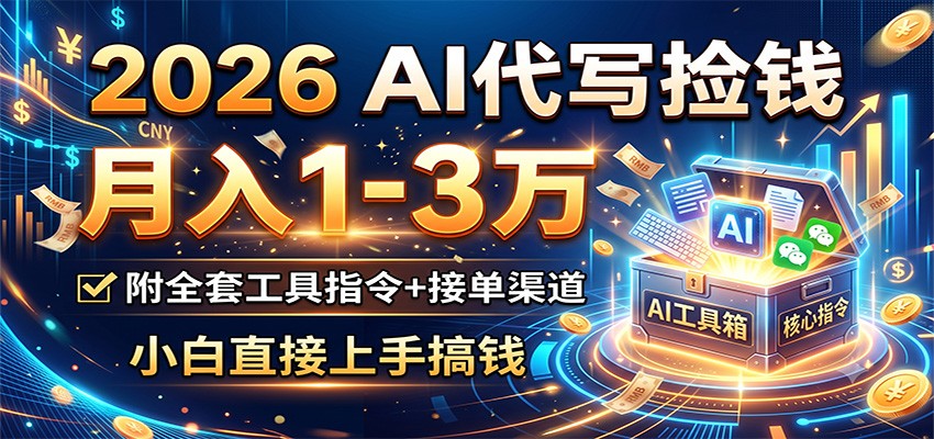 2026 AI代写捡钱，月入1-3万，附全套工具指令+接单渠道，小白直接上手搞钱网络赚钱,项目资源网,副业资源网,兼职项目,网赚课程-副业赚钱-互联网创业-独家轻创IP大圣网创