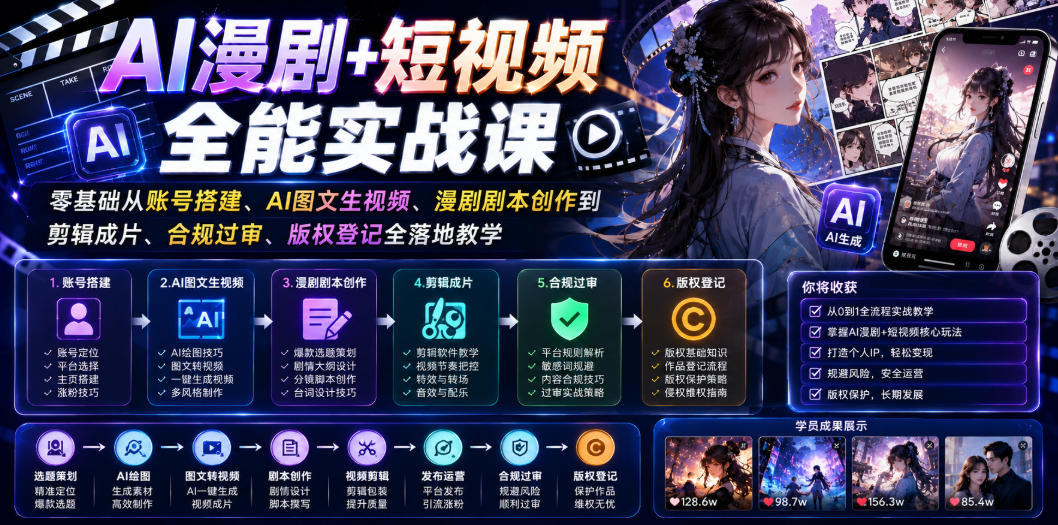 AI漫剧+短视频全能实战课｜零基础从账号搭建、AI图文生视频、漫剧剧本创作到剪辑成片、合规过审、版权登记全落地教学网络赚钱,项目资源网,副业资源网,兼职项目,网赚课程-副业赚钱-互联网创业-独家轻创IP大圣网创