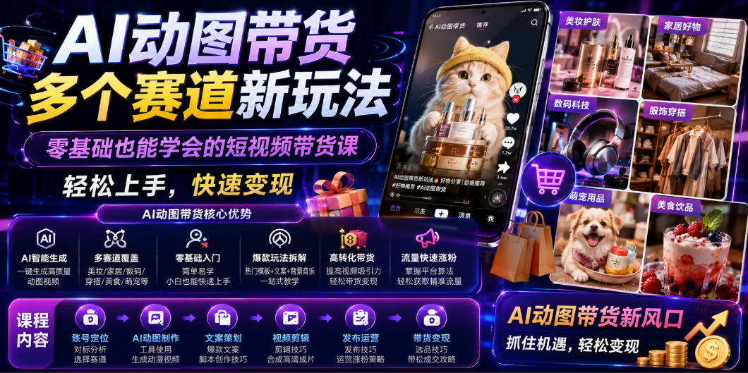 AI动图带货多个赛道新玩法，零基础也能学会的短视频带货课，轻松上手，快速变现网络赚钱,项目资源网,副业资源网,兼职项目,网赚课程-副业赚钱-互联网创业-独家轻创IP大圣网创