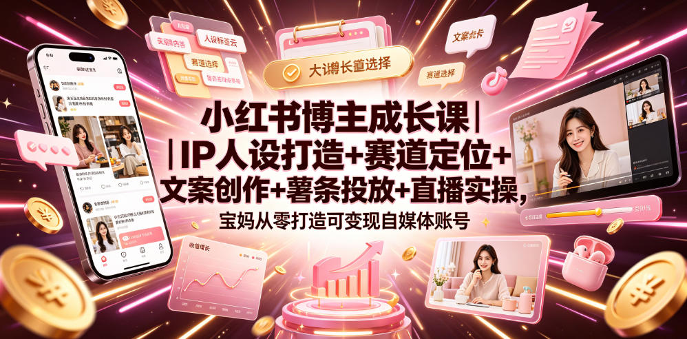 小红书博主成长课｜IP人设打造+赛道定位+文案创作+薯条投放+直播实操，宝妈从零打造可变现自媒体账号网络赚钱,项目资源网,副业资源网,兼职项目,网赚课程-副业赚钱-互联网创业-独家轻创IP大圣网创