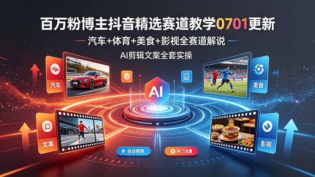 百万粉博主抖音精选赛道教学-0701更新,汽车+体育+美食+影视全赛道解说,AI剪辑文案全套实操网络赚钱,项目资源网,副业资源网,兼职项目,网赚课程-副业赚钱-互联网创业-独家轻创IP大圣网创