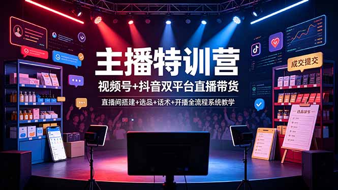 主播特训营:视频号+抖音双平台直播带货,直播间搭建+选品+话术+开播全流程系统教学网络赚钱,项目资源网,副业资源网,兼职项目,网赚课程-副业赚钱-互联网创业-独家轻创IP大圣网创