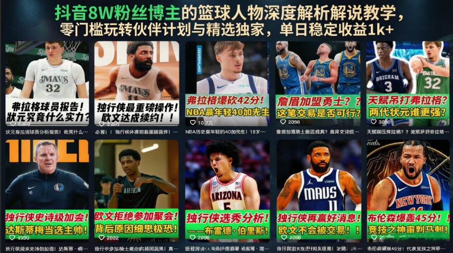 抖音8W粉丝博主的篮球人物深度解析解说教学,零门槛玩转伙伴计划与精选独家,单日稳定收益1k+网络赚钱,项目资源网,副业资源网,兼职项目,网赚课程-副业赚钱-互联网创业-独家轻创IP大圣网创