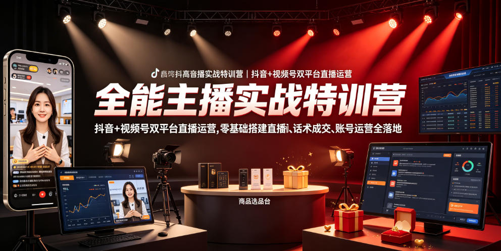 全能主播实战特训营｜抖音+视频号双平台直播运营，零基础搭建直播间、精准选品、话术成交、账号运营全落地网络赚钱,项目资源网,副业资源网,兼职项目,网赚课程-副业赚钱-互联网创业-独家轻创IP大圣网创