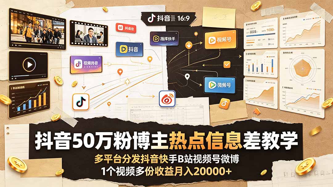 抖音50万粉博主热点信息差教学:多平台分发抖音快手B站视频号微博,1个视频多份收益月入20000+网络赚钱,项目资源网,副业资源网,兼职项目,网赚课程-副业赚钱-互联网创业-独家轻创IP大圣网创
